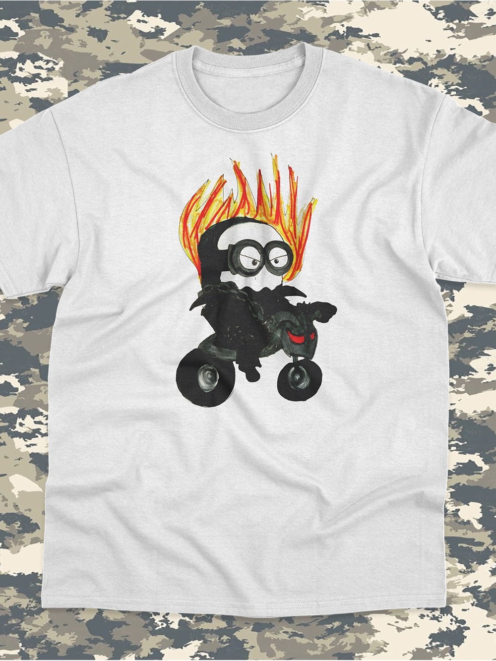 Kids White Graphic Tee with Flaming Minion Motorcycle Design